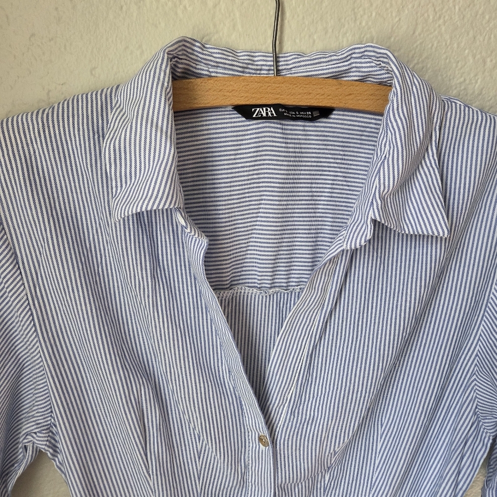 Zara Womens Blue White Striped Sz Small Buttom Collar Belted Shirt Dress - Picture 4 of 16